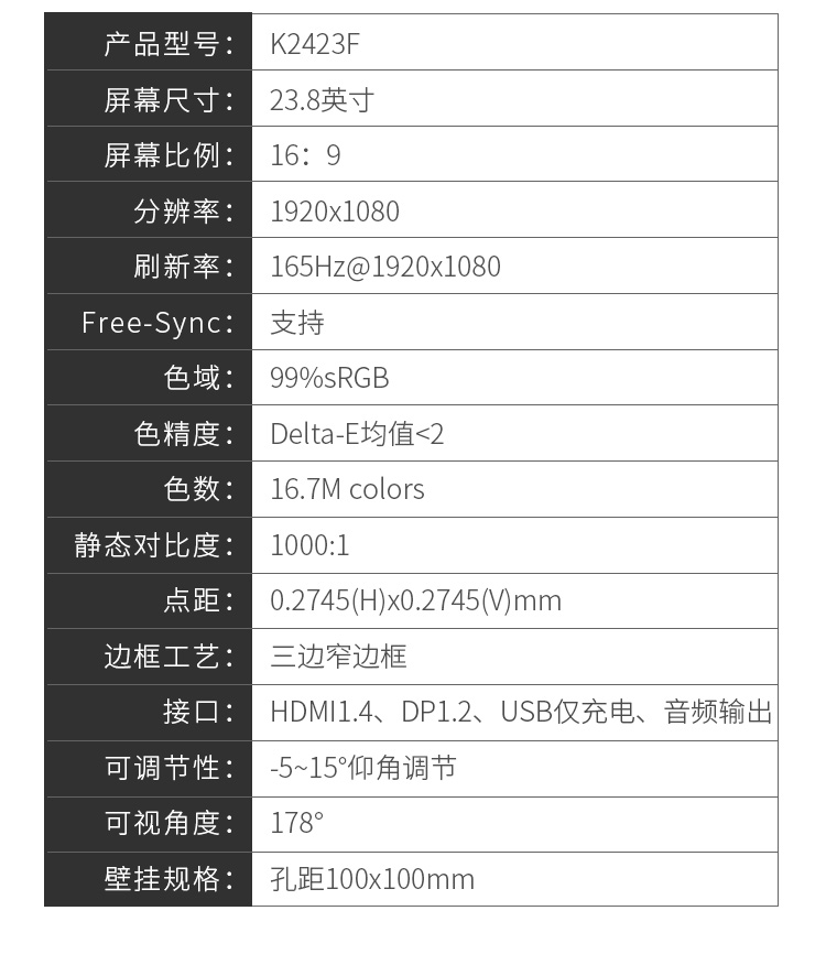 KOIOS K2423F 23.8 Inch FHD Computer Monitor 165Hz Gaming Display Narrow Bezel IPS Screen HDMI/DP插图14